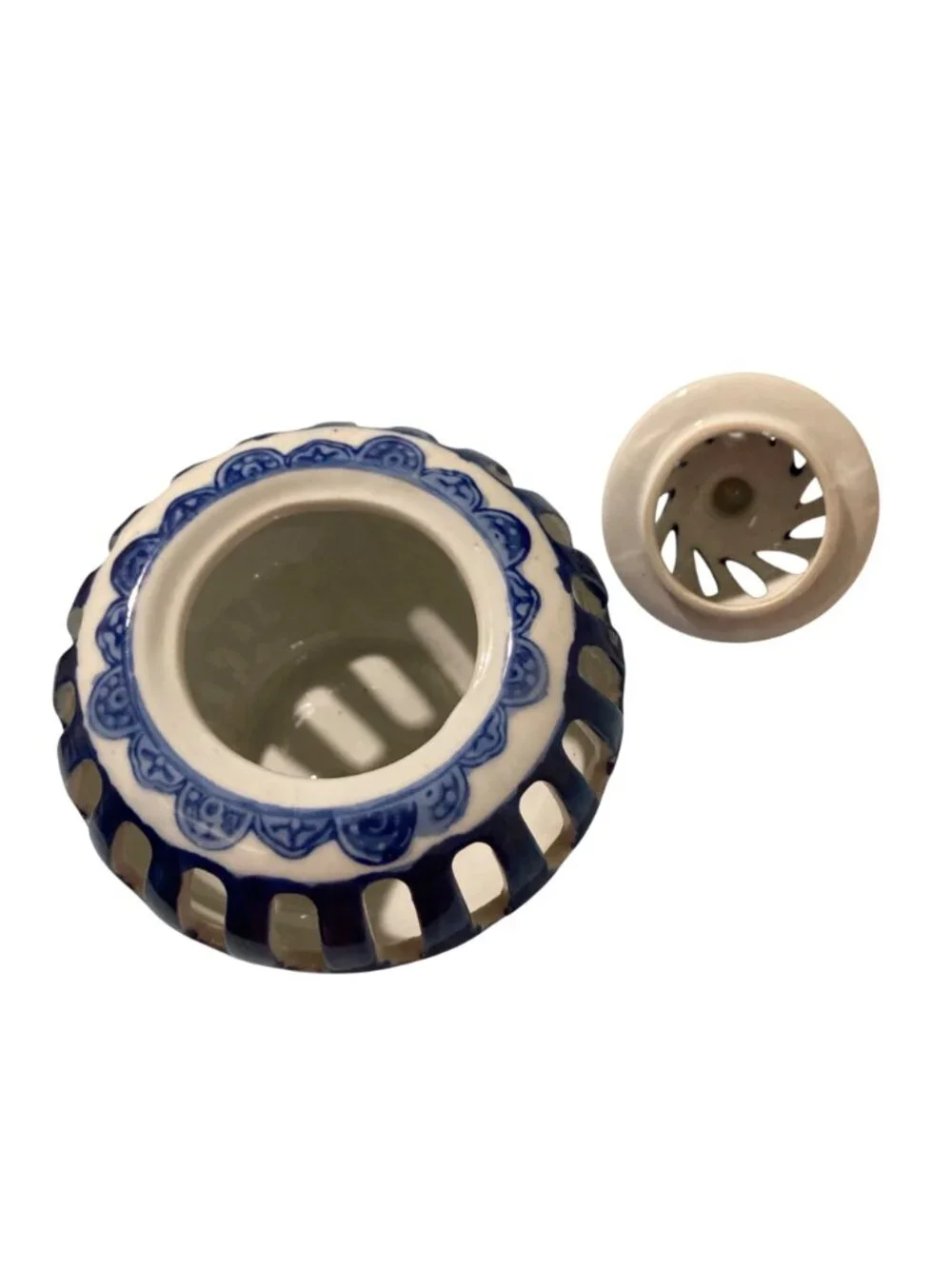 Vintage Blue and White Pierced Porcelain Chinoiserie Potpourri Vessel with Lid